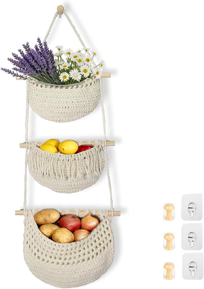 Halidali 3 Tier Hanging Fruit Baskets for Kitchen, Boho Cotton Rope Handwoven Vegetable Hammock Produce Storage Wall Mounted Large Organizing Basket for Farmhouse Decor, Onion, Potato (White)
