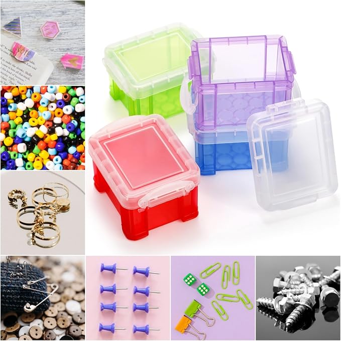 Hiceeden 24 Pack Mini Plastic Storage Bins with Lid, 3.3"×2.6"×2" Clear Latch Small Storage Box, Stackable Organizer Container for Crafts, Jewelry Beads, Office Supplies, 8 Colors
