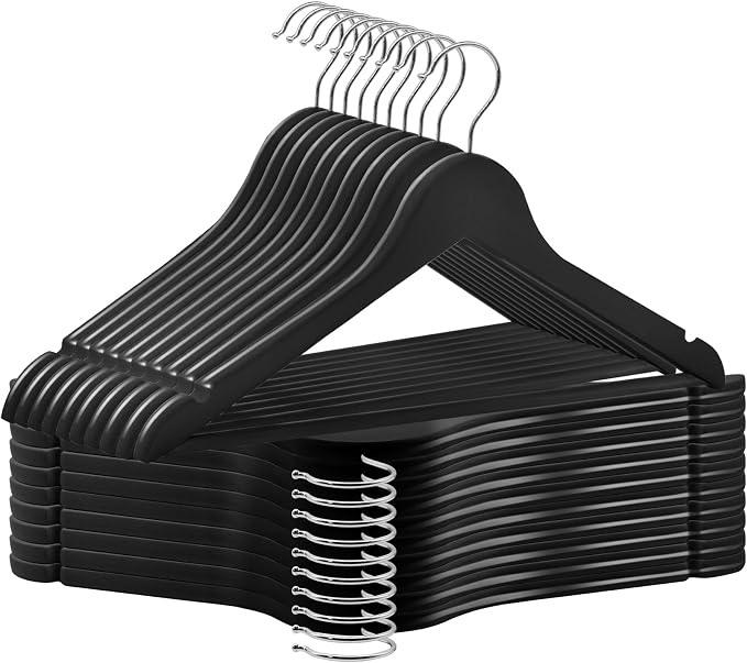 ABHENG 20 Pack Wooden Coat Hangers, 360° Swivel Hook, Suit Hangers with Anti-Slip Notches, Clothes Hangers for Jackets, Shirts, Dress, Black UAWY0520B