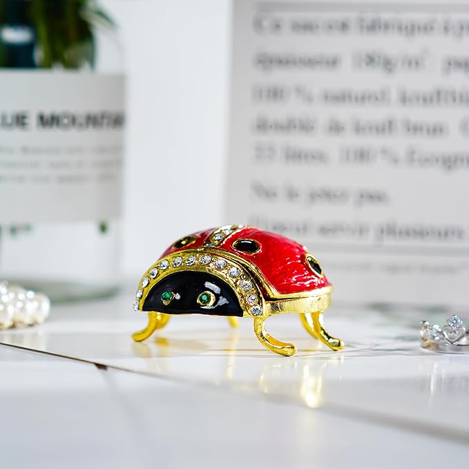 YU FENG Ladybug Figurine Trinket Box Hinged Crystals Jeweled Small Cute Animal Jewelry Boxes Collectible