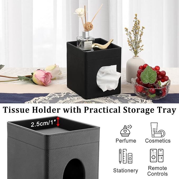 Sumnacon Square Tissue Box Cover with Storage Tray, Decorative Cube Tissue Holder PU Leather Facial Tissues Organizer Stylish Modern Tissue Dispenser for Bathroom Toilet Tank Vanity Dresser Table