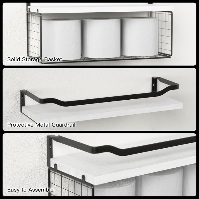 WOPITUES Floating Shelves with Wire Storage Basket, Bathroom Shelves Over Toilet with Protective Metal Guardrail, Wood Wall Shelves for Bathroom Organizers and Storage, Toilet Paper-White