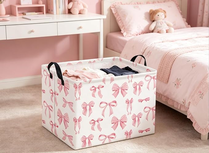 Rectangular Baby Kids Storage Basket for Home Kitchen Girls Cute Toy Storage Bin Organizer Shelf Book Room Decor(Silk Bowknot)