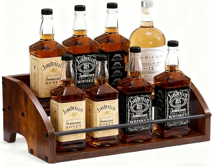 Wooden Liquor Bottle Display Shelf, 2 Tier Countertop Liquor Wine Rack, Coffee Syrup Rack Organizer, Mini Bar Home Retro Bar Shelves Stand for Bourbon Whiskey, Spirits, Alcohol Storage