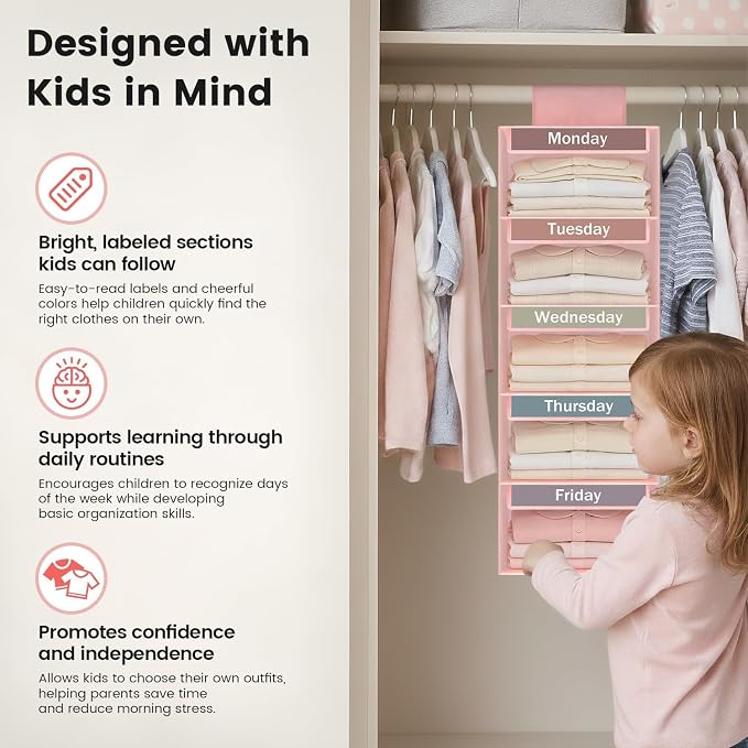 Weekly Clothes Organizer for Kids, 5-Shelf Kid Hanging Closet Organizer w/ 6 Side Pockets, Labeled Weekly Outfit Organizer for Kids, Days of The Week Clothes Organizer Monday Through Friday Pink