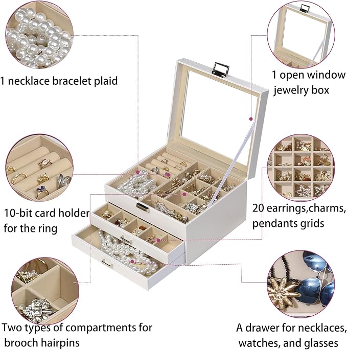 BOOVO Clear Lid Jewelry Box,3 Layers Jewelry Organizer Large Jewelry Storage Box with 2 Drawers,Jewelry Holder Organzier of Rings Earrings Necklace Bracelets for Women (White, 3 Layer)