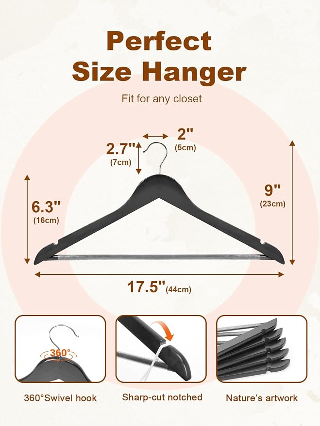 HOUSE DAY Black Wooden Hangers 30 Pack, Solid Wood Hanger with Non Slip Pant Bar, Heavy Duty Wooden Coat Hanger for Closet, Smooth Finish Wood Clothes Hangers for Shirts, Suits Jackets, Dress