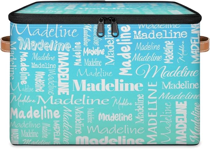 Custom Storage Basket with Name, Personalized Keepsake Box with Zipper Lid, Foldable Fabric Memory Bin Large capacity with Handle Blue Green Gradient
