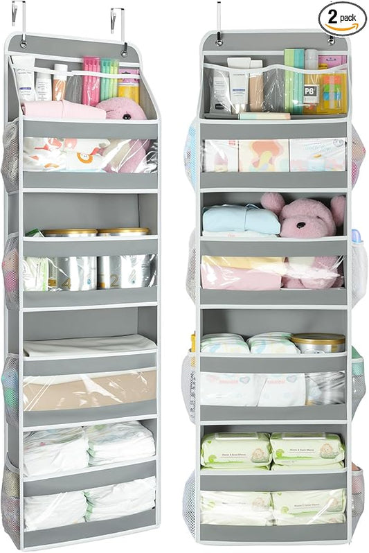 Yecaye 5 Tier Over the Door Organizer, Swing-proof Door Organizer Hanging with Clear PVC Windows, Behind the Door Storage for Bedroom Nursery Closet Laundry Pantry Bathroom, Grey