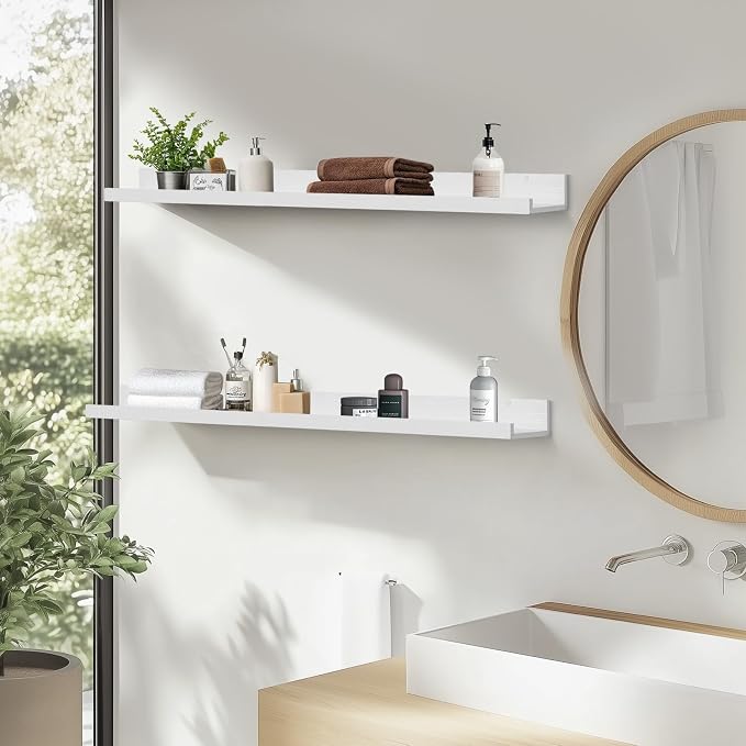 Muzilife 55" Large Floating Wall Ledge Shelves with Lip - Set of 2 Wood Floating Shelves - White Wall Mounted Picture Ledge for Office, Bathroom, Bedroom, Living Room, Kitche