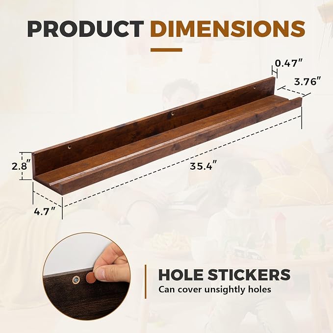 Muzilife 35.4" Large Floating Shelves Wood Wall Shelf with Lip, 2Pcs, Brown | FSC-Certified Wood | 20 lbs Capacity | Space-Saving | Hanging Shelf | Wall Decor| Bedroom,Living Room,Bathroom,Kitchen,Office