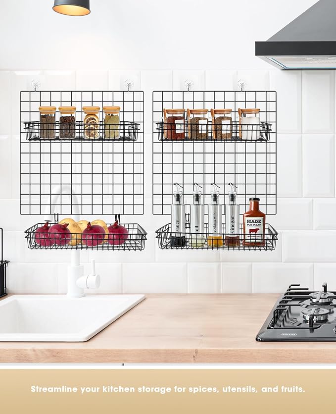 ANZOME Grid Wall Baskets, 2 Pack Black Hanging Wire Basket Shelves for Kitchen Pantry Wall Storage, Metal Mesh Organizer with Hooks for Fruits, Spices, Plants and Small Supplies