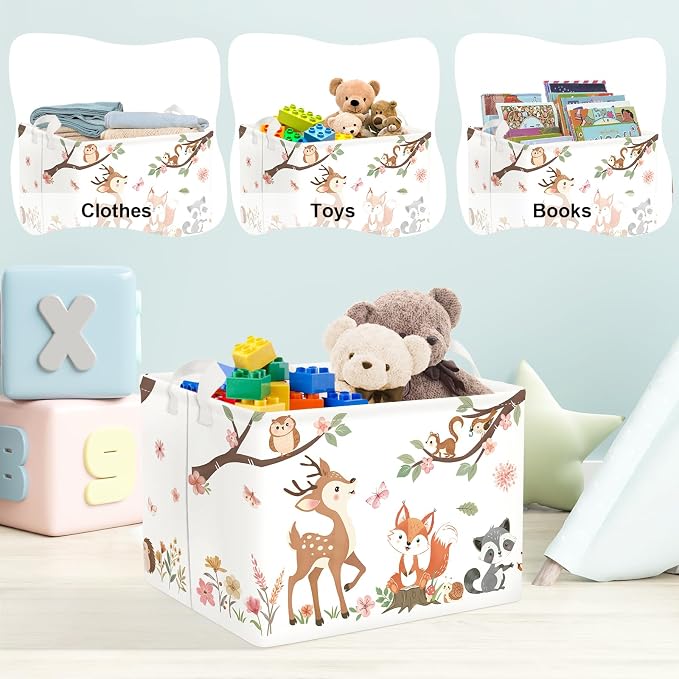 Clastyle Forest Animal Baby Storage Basket Leaf Kid Laundry Hamper Boy Girl Gift Toy Box Collapsible Clothes Organizer Nursery Bin for Bedroom, Pink Deer, 40x30x30 cm