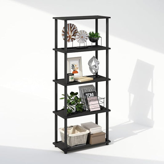 Furinno Turn-N-Tube Book Shelf, 5-Tier Bookshelf, Bookcase with Multipurpose Compact Display Rack, 11.6 x 23.6 x 57.4, for Living Room, Bedroom, Home Office, Americano/Black