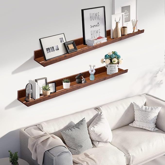 Muzilife 45.3" Large Floating Wall Ledge Shelves with Lip - Set of 2 Rustic Wood Floating Shelves - Honey Wall Mounted Picture Ledge for Office, Bathroom, Bedroom, Living Room, Kitchen