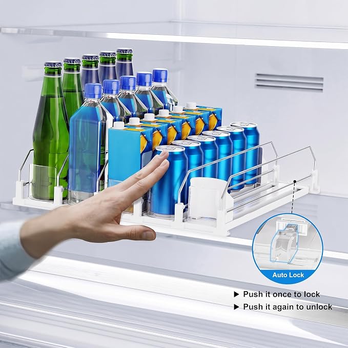 Dayacoco Drink Organizer for Fridge,5 Rows Fridge Soda Can Organizer,20oz 16oz 12oz-Self Pushing Soda Dispenser for Fridge,Adjustable Width-Holds up to 25 Cans,White