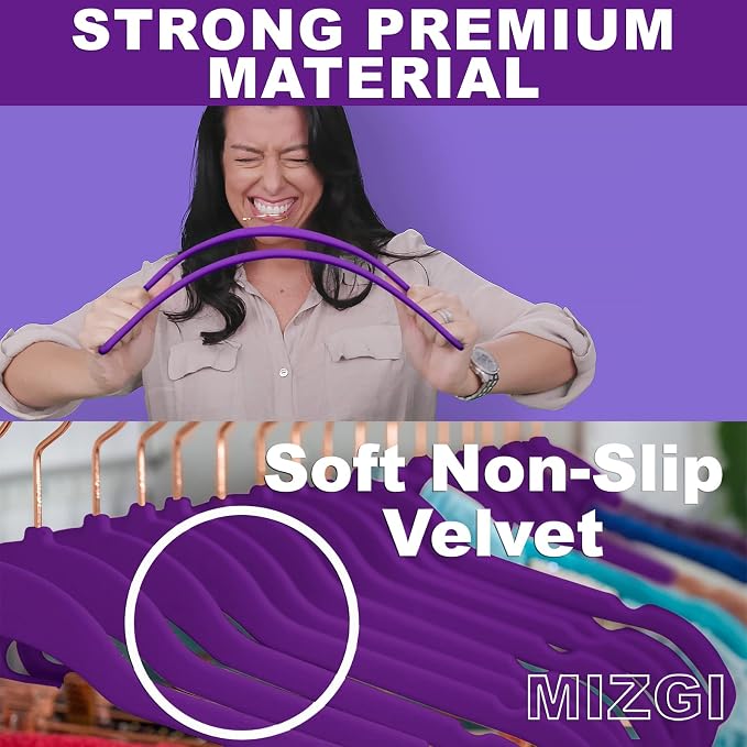 MIZGI Premium Velvet Hangers (50 Pack) Heavy Duty - Non Slip Felt Pads - Velvet Suit Hangers Dark Purple - Rose Gold Hooks, Space Saving