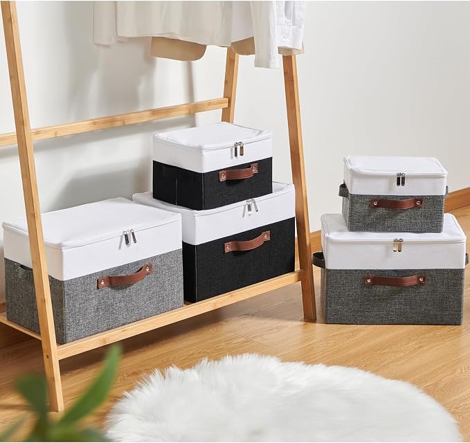 Storage Boxes with Zipper Lid Cotton Linen Fabric Lidded Storage Bins Baskets Foldable Washable Closet Shelf Clothes Organizer Container Faux Leather Handles (Gray White, Large)