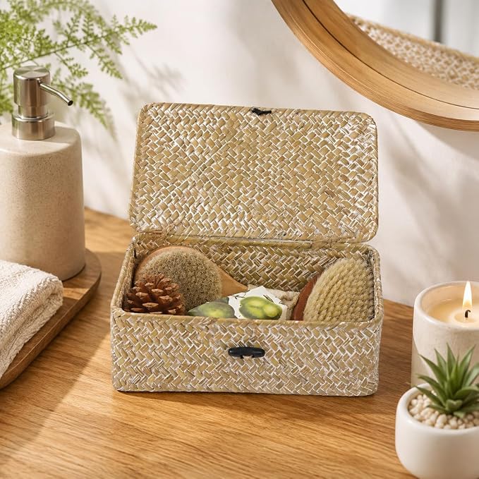Wicker Basket with Lid, Natural Seagrass Storage Baskets for Organizing, Woven Basket for Storage, Decorative Boxes Bins with Lids Home Organizer Decor (Whitewash, 9.05" x 5.11" x 3.34")
