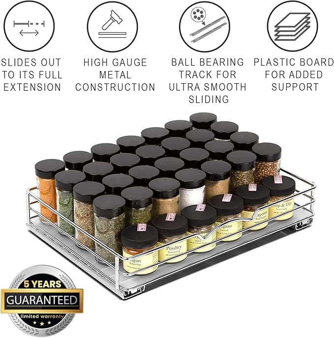 Pull-Out Cabinet Spice Rack Organizer, 14 ⅜"W x 10 ⅜"D x 2 ¾"H | Slim Slide-Out Storage for Spices, Bottles & Jars, Premium Heavy-Duty Steel, Easy Install for Narrow Kitchen Cabinets, Chrome