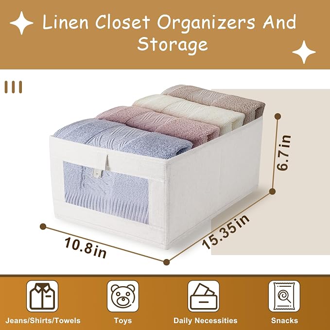 Linen Bins 3 Pack, Foldable Storage Organizer with Window, Beige | 16"x11"x7" size fits standard closet shelves and cubbies—neatly corrals clothes, towels, and jeans, with a clear window