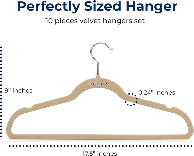 SereneLife Velvet Hangers – 10 Pack, Slim & Space Saving for Closets | Soft velvet grip prevents slipping on silk, satin & knitwear – 360° swivel hook fits all standard closet rods