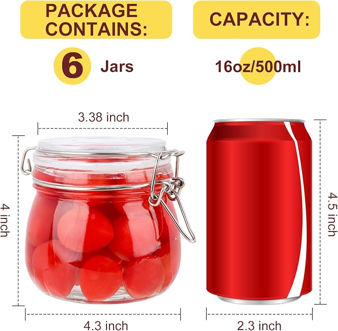 HINGWAH 16 oz Glass Jars with Airtight Lids, 6 Pack Wide Mouth Mason Jars with Clamp Lids for Kitchen Canisters, Food Storage Containers for Pickling, Coffee, Spices, Sugar, Herbs