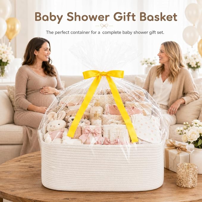OIASKET XXL Large Empty Cotton Rope Gift Basket with Handles, 20.1"x14.6"x8.7" Decorative Woven Storage Basket with Gift Bag and Ribbon Set for Baby Shower, Toy Organizer for Kids, Dogs & Cats - White