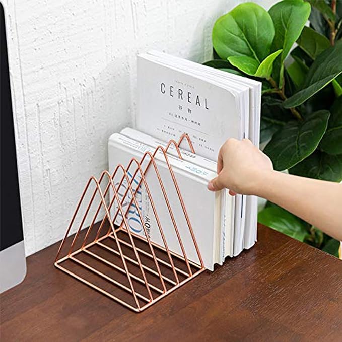 Rose Gold Metal Vinyl Record Holder,Vertical Record Player Holder,File Organizer for Desk,Desktop File Sorters,Paper Organizer and Record Holder Stand,Triangle Upright 9 Lattice Vinyl Rack Stand,1Pack