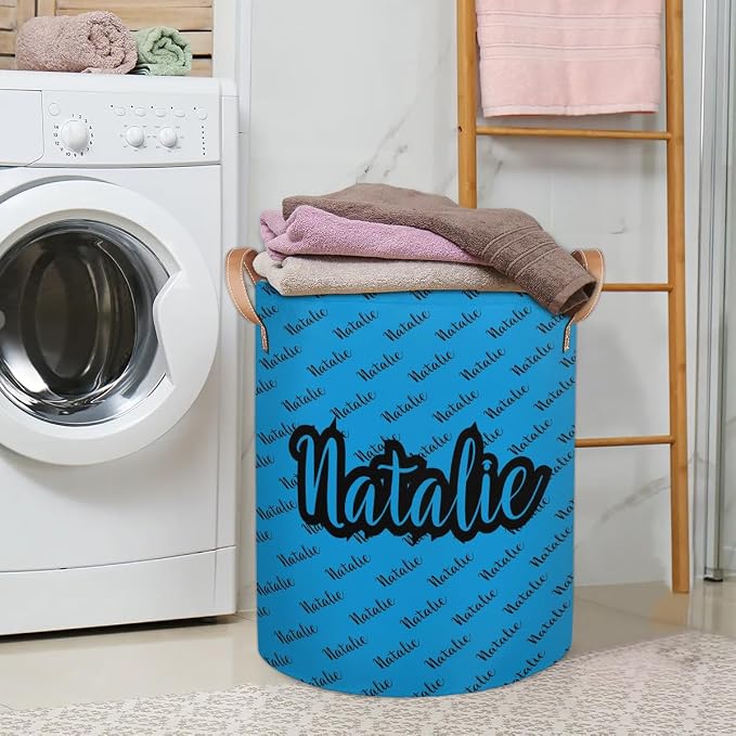 Personalized Laundry Basket, Custom Gift Laundry Hamper, Collapsible Nursery Waterproof Laundry Baskets, Dirty Clothes Toy Hamper with Handles Name Blue Black
