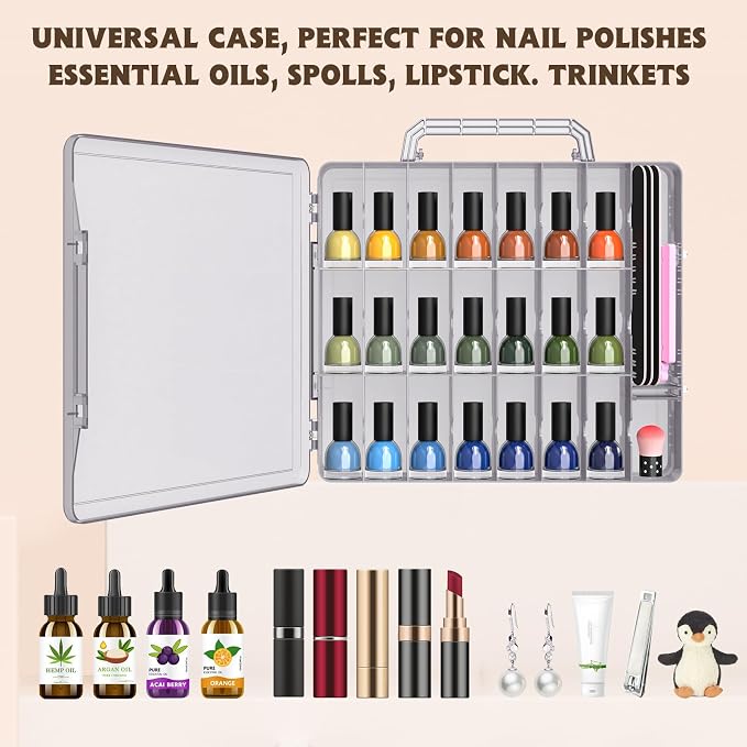 SUBAY 2 Pcs Portable Nail Polish Organizer, Clear Double Side Nail Polish Holder,Gel Nail Storage for 48 Bottles with 6 Adjustable Dividers in Each Side Space Saver Grey