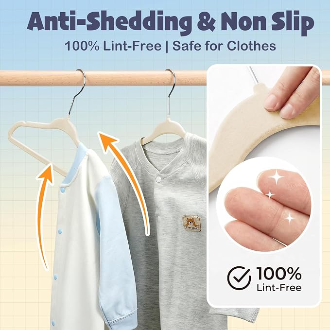 HOUSE DAY 11 Inch Velvet Baby Hangers 50 Pack Beige, Premium Kids Hangers for Children, Infant & Toddler Clothes, Durable Non Slip Small Baby Felt Hanger for Closet, Ideal for Everyday Use