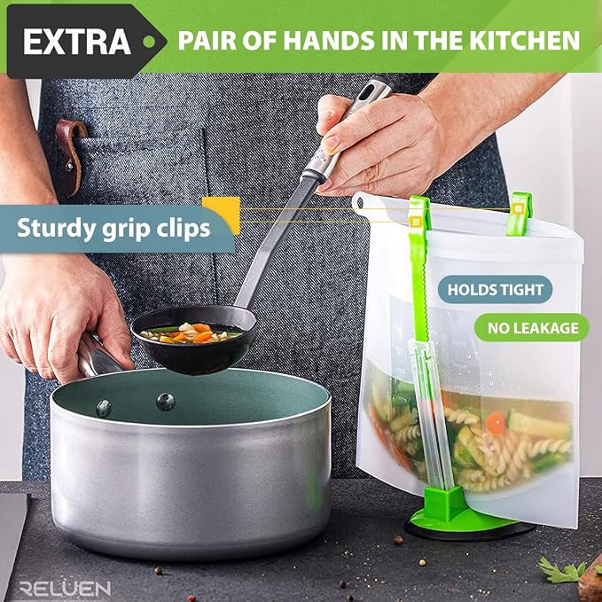Baggy Rack Stands, 6 Pack, Adjustable Hands Free Clips for Food Storage Bags Plastic Freezer Bags, Bag Holders