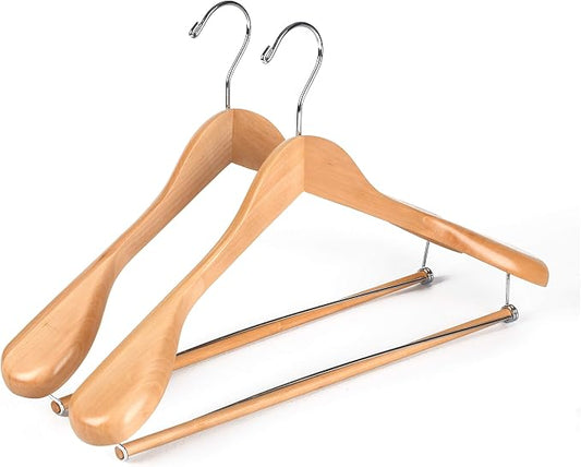Luxury Wide Shoulder Wooden Hangers 2 Pack, with Locking Bar, Smooth Natural Finish Wood Suit Hanger Coat Hanger for Closet, Holds Upto 20lbs, 360° Swivel Hook, for Jacket, Dress Heavy Clothes Hangers