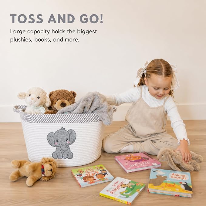 Elephant Nursery Storage Basket, Cotton Rope Toy & Blanket Organizer Bin