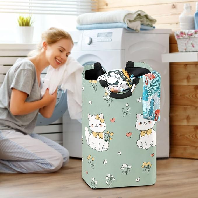 Cute White Cat with Yellow Flowers Large Laundry Hamper Basket, Collapsible Laundry Bag Storage Bins Baskets with Handles for Laundry, Bedroom, Home Decor