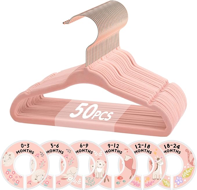 VIS'V Velvet Baby Hangers with 6 Pcs Size Dividers, 11 Inch, Pink, 50 Pcs | Compact Size, Non Slip, Infant Toddler Nursery Closet Organization