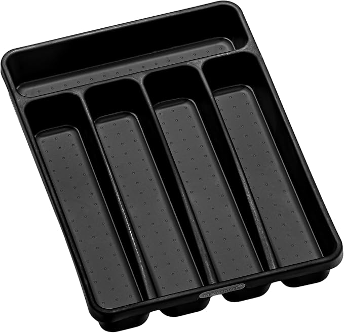 madesmart Small Silverware Tray, Compact 5 Compartment Flatware Organizer for Forks, Knives & Spoons, Non Slip, Soft Grip Lining, Fits Small Drawers, Carbon