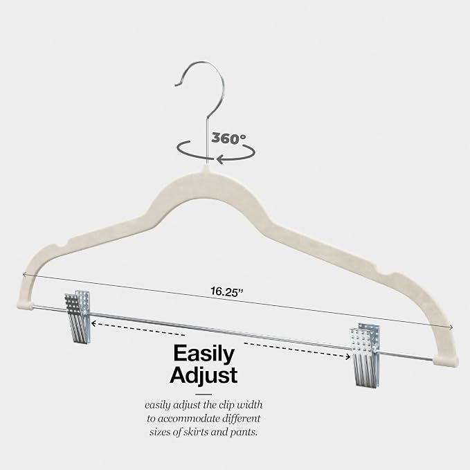 Home-it 10 Pack Velvet Hangers with Clips - Ivory Pants & Skirt Hangers - Ultra Thin No Slip Space-Saving for Pants, Skirts, Coats, Dresses, Tank Tops, Clothes