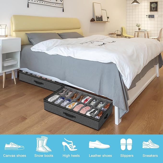 Under Bed Shoe Storage Organizer for Closet, 32 Pairs Sturdy Underbed Shoe Storage Boxes Bins Container Foldable Shoes Storage with Reinforced Handles & Clear Window for College Dorms Grey, Set of 2