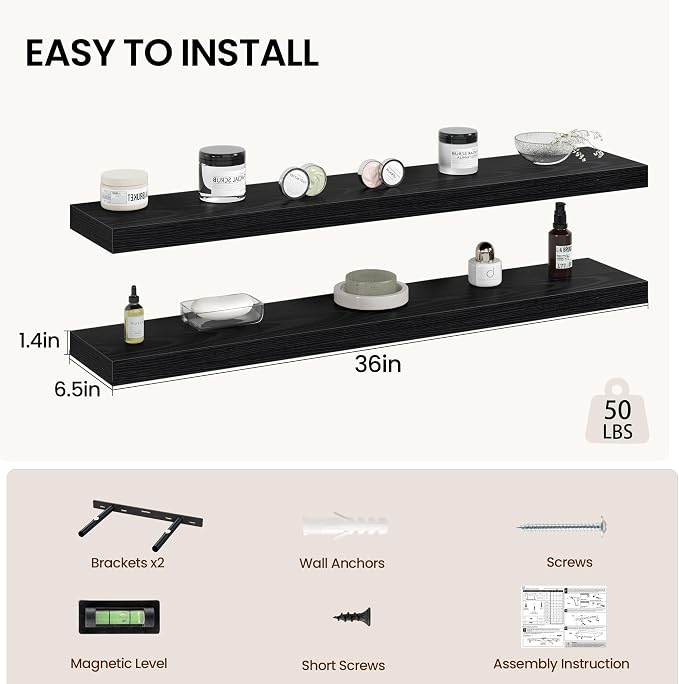 Vivelove 36 Inch Floating Shelves Wall Mounted for Display, 6.5 Deep Duty Shelves with Invisible Brackets for Living Room,Bedroom,Kitchen, Bathroom Storage & Decor,36" Wx6.5 Dx1.4 H - Black