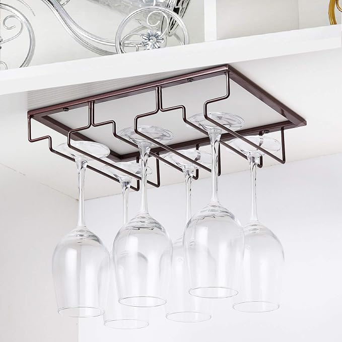 FOMANSH Wine Glass Rack - Under Cabinet Stemware Wine Glass Holder Glasses Storage Hanger Metal Organizer for Bar Kitchen Brown