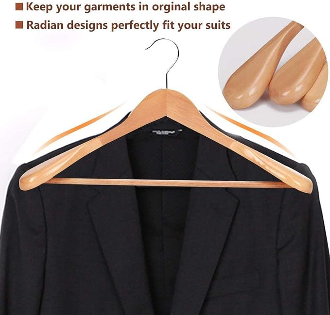 JS HANGER Wooden Suit Hangers, 6 Pack Extra-Wide Shoulder wood Coat Hangers with Non Slip Pant Bar, Extra Smooth and Splinter Free Natural Finish