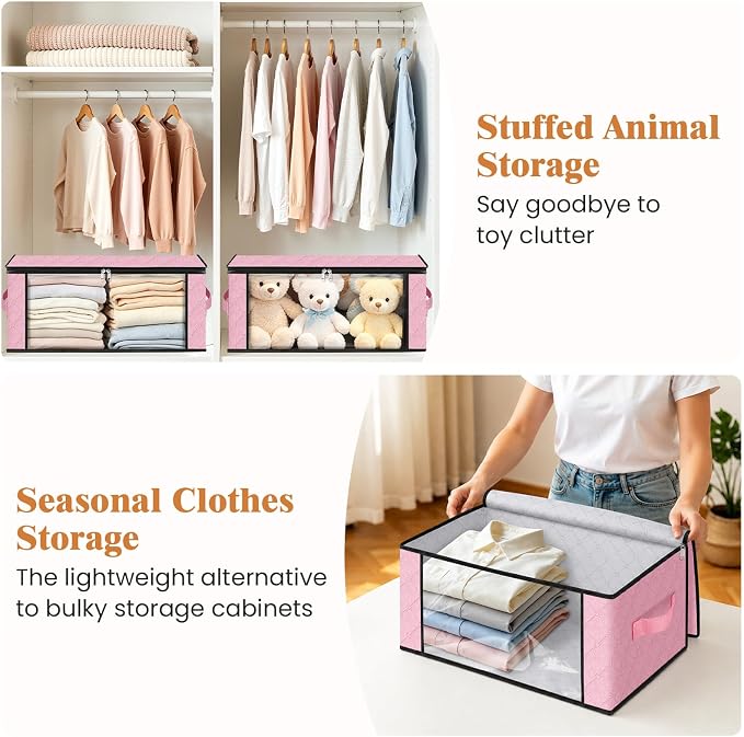Fab totes 35L Closet Organizers and Storage, Foldable Under Bed Storage Containers, Storage bags for Organizing Bedroom, Closet, Clothing,Organization with Handle (4 Pack,Pink)