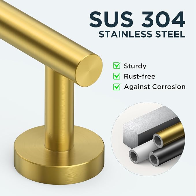 FORIOUS 4 Piece Bathroom Accessories, SUS304 Stainless Steel Toilet Paper Holder, Towel Ring and 2 Towel Hooks, Wall Mounted Bathroom Hardware Set (Brushed Gold)