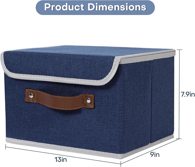ANMINY Storage Bin with Lid Storage Boxes with PU Leather Handles PP Plastic Board Decorative Foldable Lidded Cotton Linen Fabric Home Cubes Baskets Closet Organizer Container - Blue, Medium