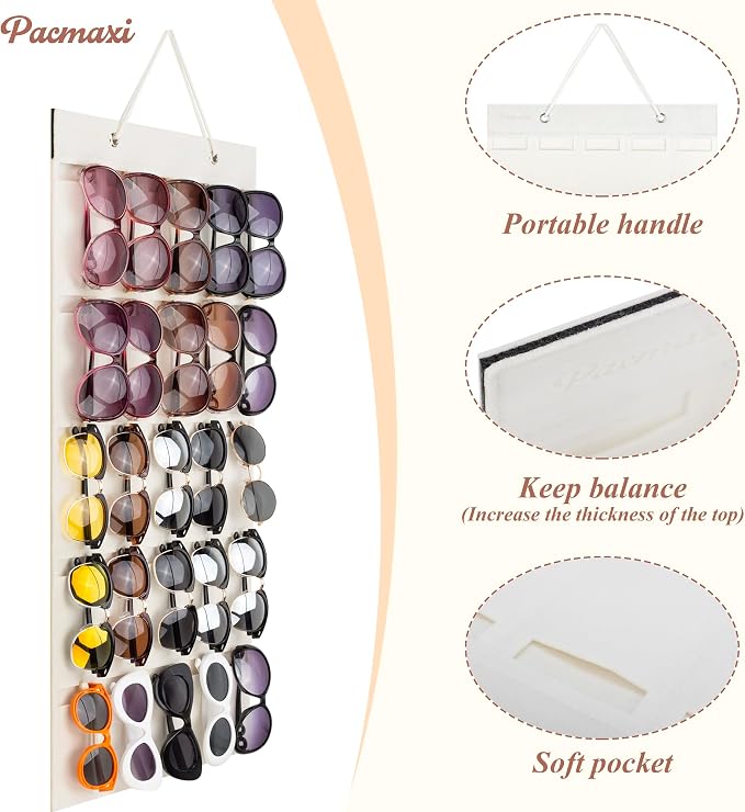 PACMAXI Sunglasses Storage Organizer, Wall Pocket Mounted by Sunglasses, Hanging Eyeglasses Storage Holder, Eyewear Display. (Ivory white, 25 Slot)
