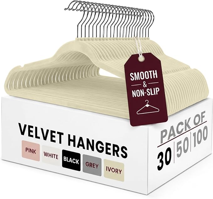 LDC Ivory Velvet Hangers 30 Pack - Premium Non-Slip Clothes Coat Pants Felt Hanger for Closet - Heavy Duty Space Saving 360° Swivel Hook Hangars - Ivory