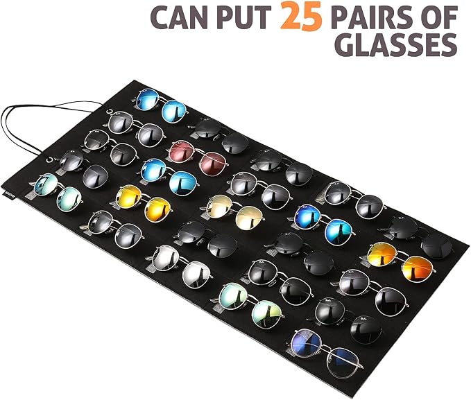 Sunglasses Organizer Storage- Hanging Eyeglasses Wall Pocket Mounted,Eyewear Display,25 Slots (Black, Large)