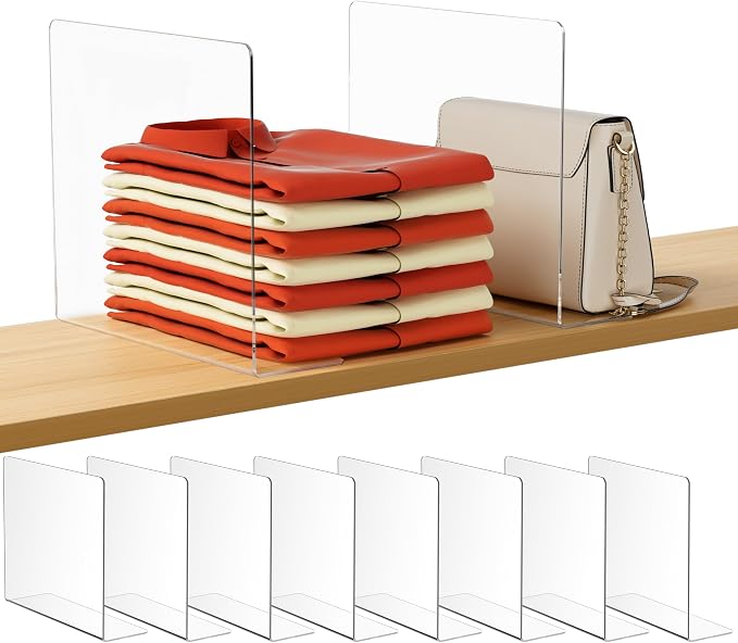 HBlife Acrylic Shelf Dividers for Closet Organization, 8 Pack Clear Sturdy Separate Closet Dividers for Shelves, Adjustable Purse Organizer for Sweater, Shirts, Handbags, Books in Bedroom and Kitchen